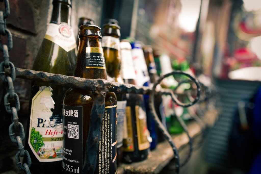 Row of beer bottles at the store