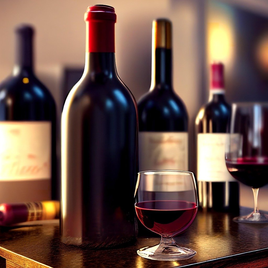 Warm cinematic red wine bottles and glass on a wooden table